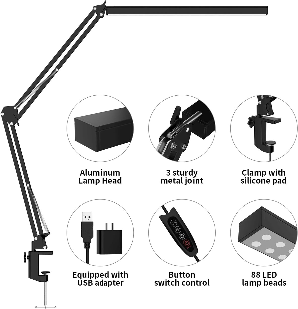 LED Desk Lamp, Manicure Table Lamp, 16" Lamp Head, Dimmable Eye-Caring Drafting Light with 3 Color Modes, 10 Brightness Levels & Adapter, Memory Function(White)