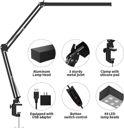 LED Desk Lamp, Manicure Table Lamp, 16" Lamp Head, Dimmable Eye-Caring Drafting Light with 3 Color Modes, 10 Brightness Levels & Adapter, Memory Function(White)