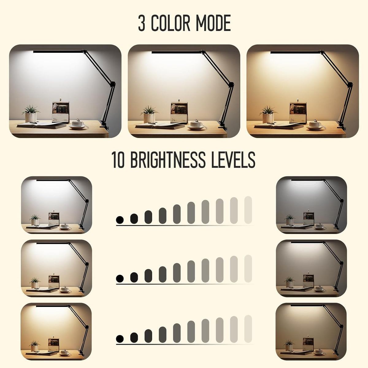 LED Desk Lamp, Manicure Table Lamp, 16" Lamp Head, Dimmable Eye-Caring Drafting Light with 3 Color Modes, 10 Brightness Levels & Adapter, Memory Function(White)