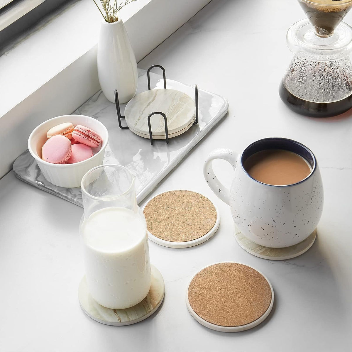 Coasters Set of 6, Coasters for Drinks Absorbent Stone with Holder, Black Marble Style Ceramic Drink Coaster for Tabletop Protection, Coffee Table Decor Ideal for Home Decor House Warming Gifts