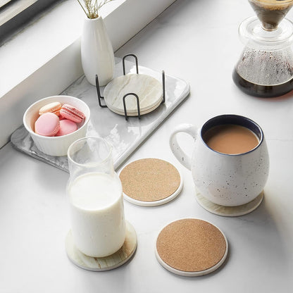 Coasters Set of 6, Coasters for Drinks Absorbent Stone with Holder, Black Marble Style Ceramic Drink Coaster for Tabletop Protection, Coffee Table Decor Ideal for Home Decor House Warming Gifts