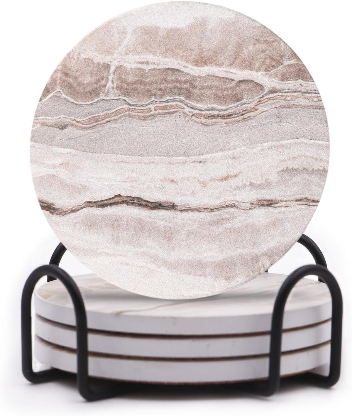 Coasters Set of 6, Coasters for Drinks Absorbent Stone with Holder, Black Marble Style Ceramic Drink Coaster for Tabletop Protection, Coffee Table Decor Ideal for Home Decor House Warming Gifts