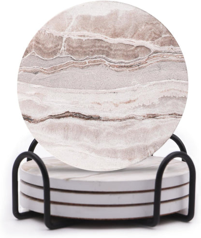 Coasters Set of 6, Coasters for Drinks Absorbent Stone with Holder, Black Marble Style Ceramic Drink Coaster for Tabletop Protection, Coffee Table Decor Ideal for Home Decor House Warming Gifts