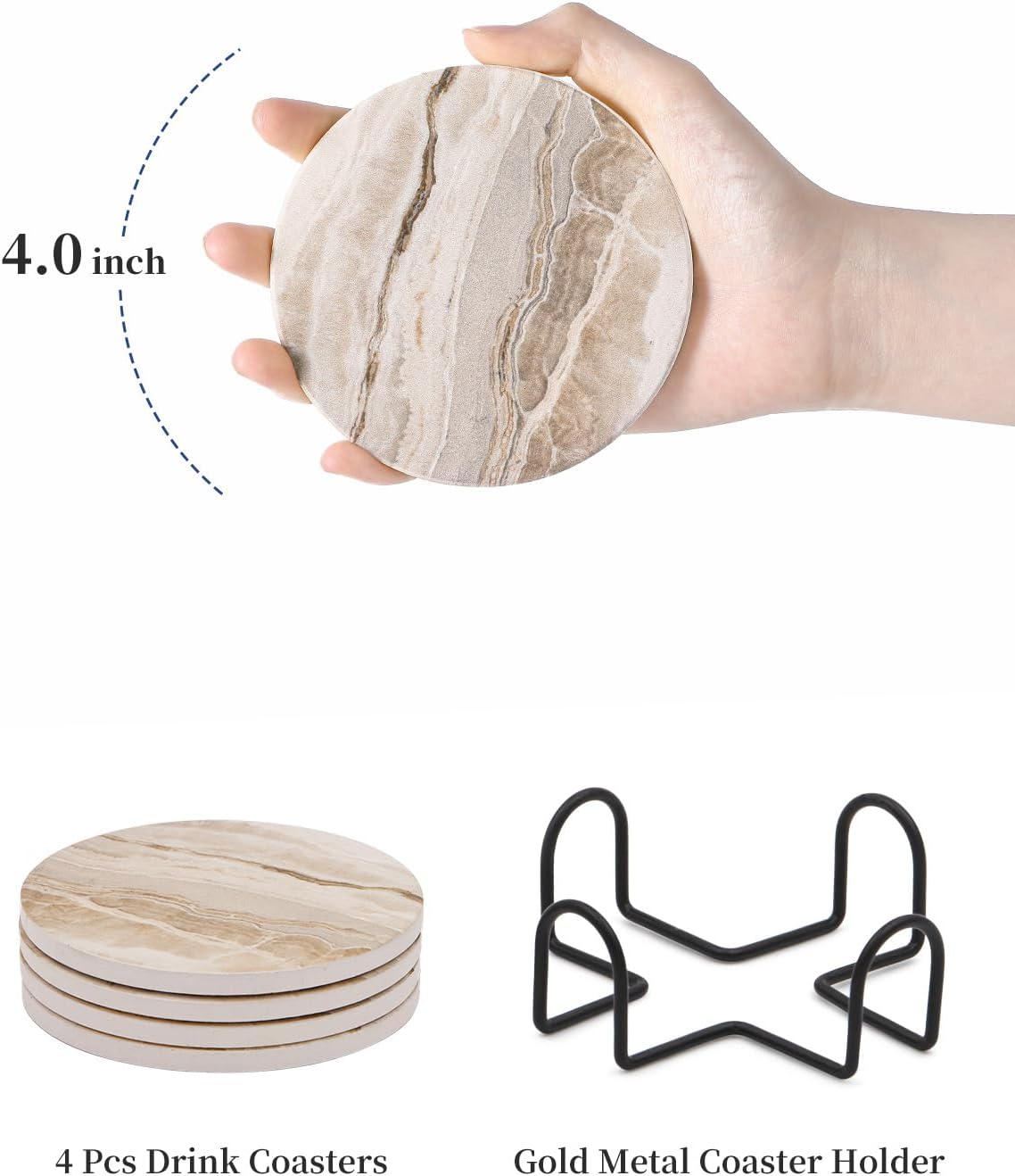 Coasters Set of 6, Coasters for Drinks Absorbent Stone with Holder, Black Marble Style Ceramic Drink Coaster for Tabletop Protection, Coffee Table Decor Ideal for Home Decor House Warming Gifts