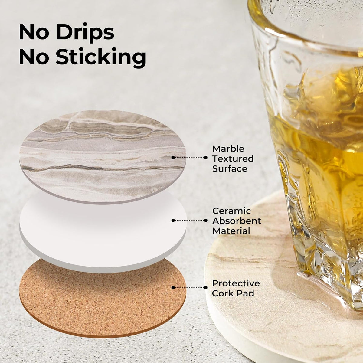 Coasters Set of 6, Coasters for Drinks Absorbent Stone with Holder, Black Marble Style Ceramic Drink Coaster for Tabletop Protection, Coffee Table Decor Ideal for Home Decor House Warming Gifts
