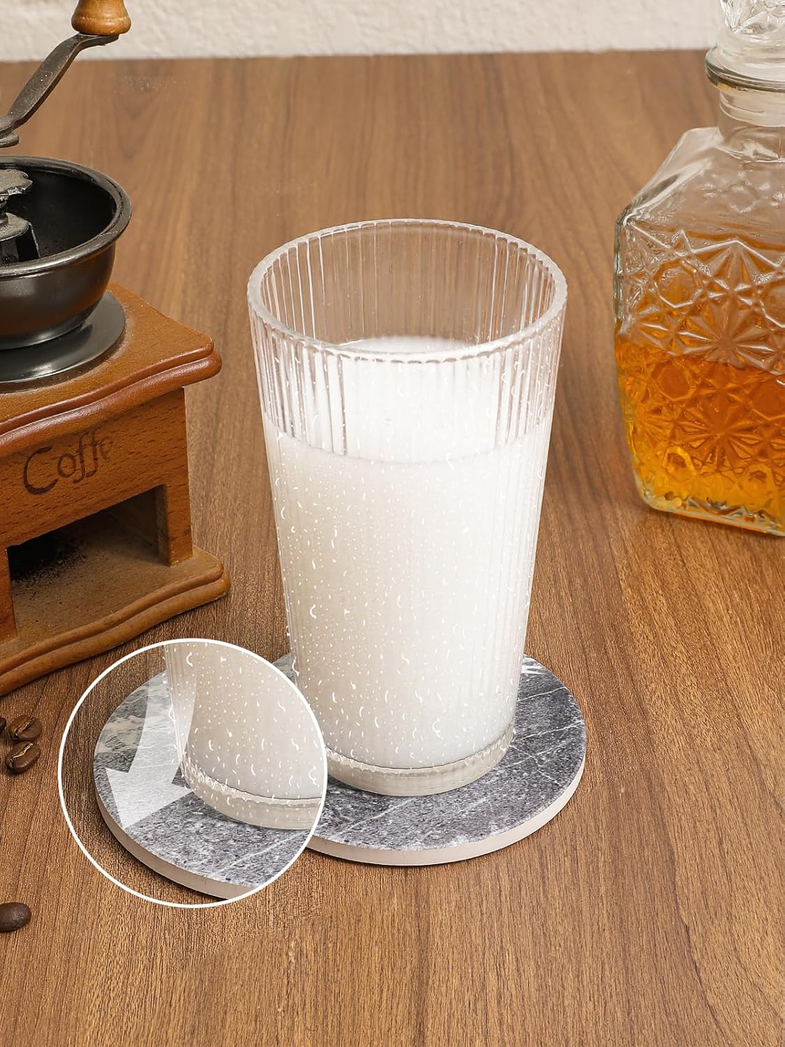 Coasters Set of 6, Coasters for Drinks Absorbent Stone with Holder, Black Marble Style Ceramic Drink Coaster for Tabletop Protection, Coffee Table Decor Ideal for Home Decor House Warming Gifts