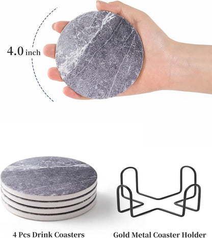 Coasters Set of 6, Coasters for Drinks Absorbent Stone with Holder, Black Marble Style Ceramic Drink Coaster for Tabletop Protection, Coffee Table Decor Ideal for Home Decor House Warming Gifts