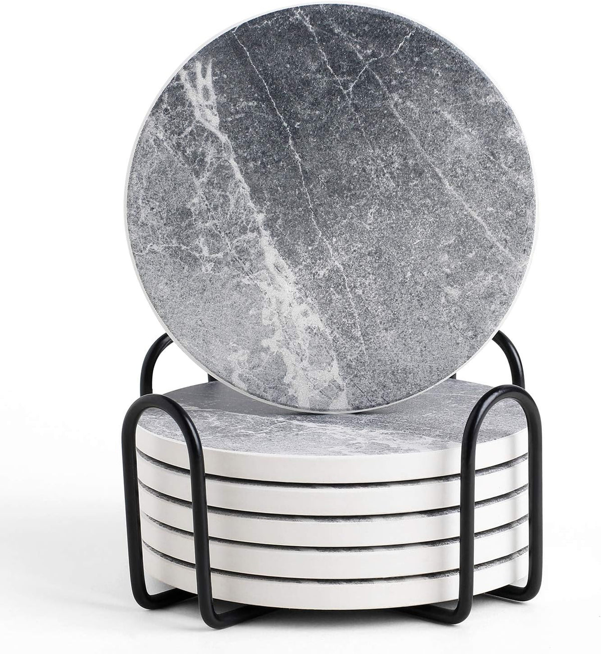 Coasters Set of 6, Coasters for Drinks Absorbent Stone with Holder, Black Marble Style Ceramic Drink Coaster for Tabletop Protection, Coffee Table Decor Ideal for Home Decor House Warming Gifts