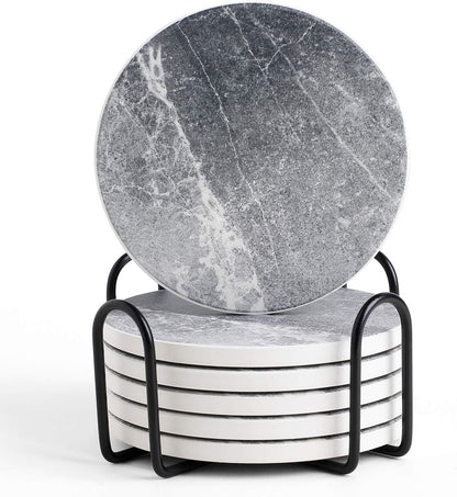Coasters Set of 6, Coasters for Drinks Absorbent Stone with Holder, Black Marble Style Ceramic Drink Coaster for Tabletop Protection, Coffee Table Decor Ideal for Home Decor House Warming Gifts
