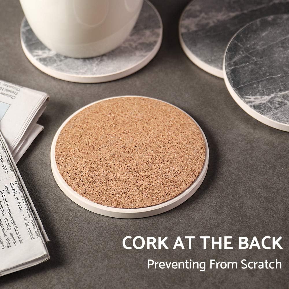 Coasters Set of 6, Coasters for Drinks Absorbent Stone with Holder, Black Marble Style Ceramic Drink Coaster for Tabletop Protection, Coffee Table Decor Ideal for Home Decor House Warming Gifts