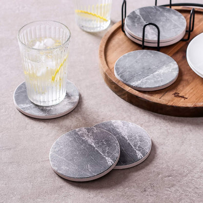 Coasters Set of 6, Coasters for Drinks Absorbent Stone with Holder, Black Marble Style Ceramic Drink Coaster for Tabletop Protection, Coffee Table Decor Ideal for Home Decor House Warming Gifts