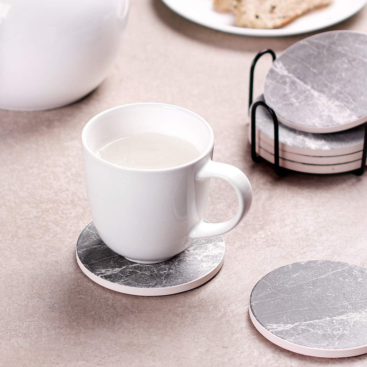 Coasters Set of 6, Coasters for Drinks Absorbent Stone with Holder, Black Marble Style Ceramic Drink Coaster for Tabletop Protection, Coffee Table Decor Ideal for Home Decor House Warming Gifts