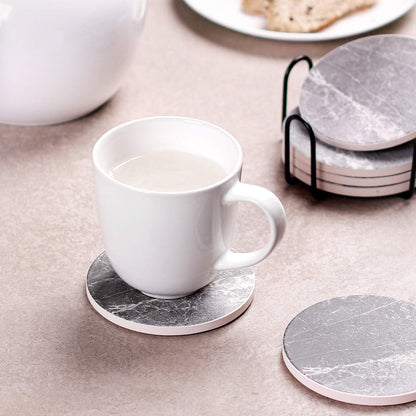 Coasters Set of 6, Coasters for Drinks Absorbent Stone with Holder, Black Marble Style Ceramic Drink Coaster for Tabletop Protection, Coffee Table Decor Ideal for Home Decor House Warming Gifts