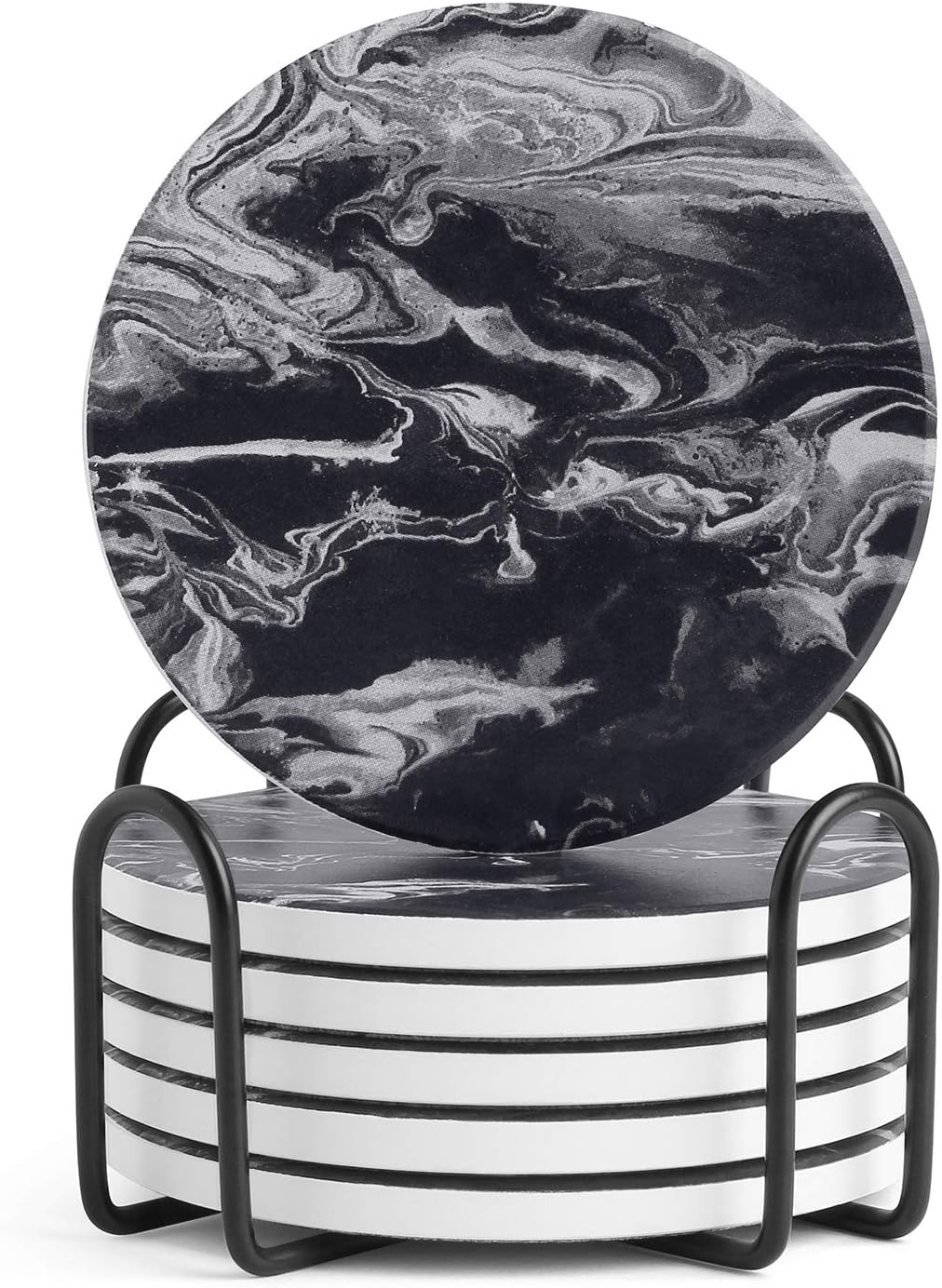 Coasters Set of 6, Coasters for Drinks Absorbent Stone with Holder, Black Marble Style Ceramic Drink Coaster for Tabletop Protection, Coffee Table Decor Ideal for Home Decor House Warming Gifts