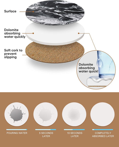 Coasters Set of 6, Coasters for Drinks Absorbent Stone with Holder, Black Marble Style Ceramic Drink Coaster for Tabletop Protection, Coffee Table Decor Ideal for Home Decor House Warming Gifts