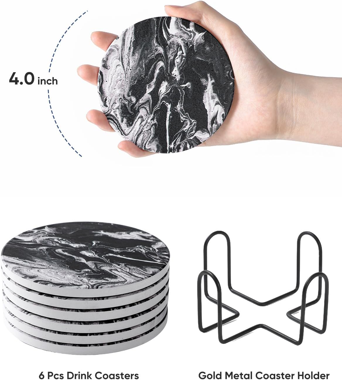Coasters Set of 6, Coasters for Drinks Absorbent Stone with Holder, Black Marble Style Ceramic Drink Coaster for Tabletop Protection, Coffee Table Decor Ideal for Home Decor House Warming Gifts