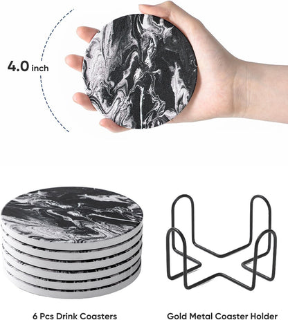 Coasters Set of 6, Coasters for Drinks Absorbent Stone with Holder, Black Marble Style Ceramic Drink Coaster for Tabletop Protection, Coffee Table Decor Ideal for Home Decor House Warming Gifts