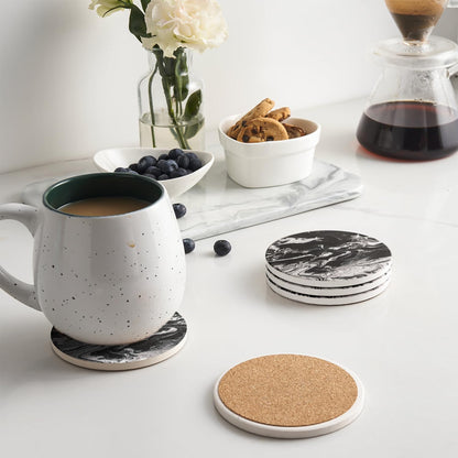 Coasters Set of 6, Coasters for Drinks Absorbent Stone with Holder, Black Marble Style Ceramic Drink Coaster for Tabletop Protection, Coffee Table Decor Ideal for Home Decor House Warming Gifts