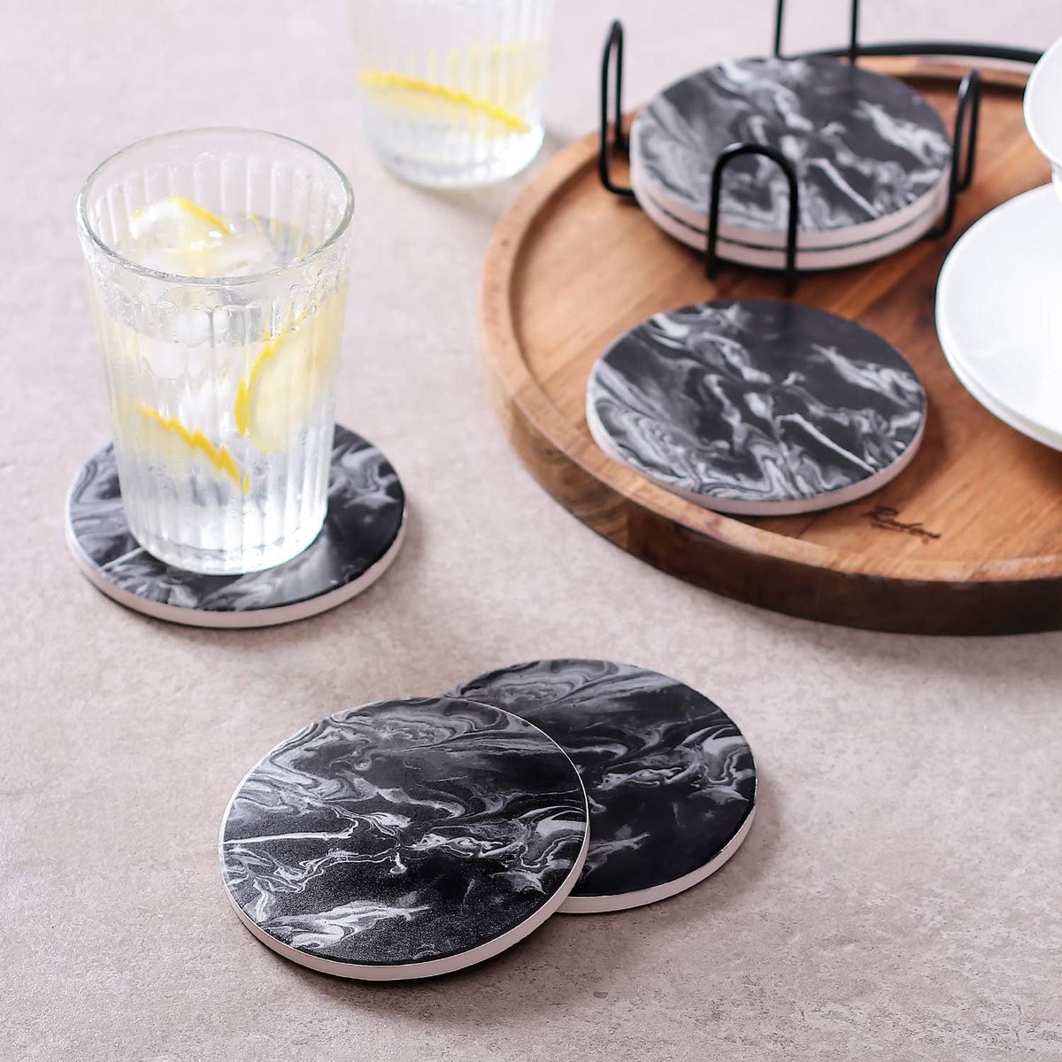 Coasters Set of 6, Coasters for Drinks Absorbent Stone with Holder, Black Marble Style Ceramic Drink Coaster for Tabletop Protection, Coffee Table Decor Ideal for Home Decor House Warming Gifts