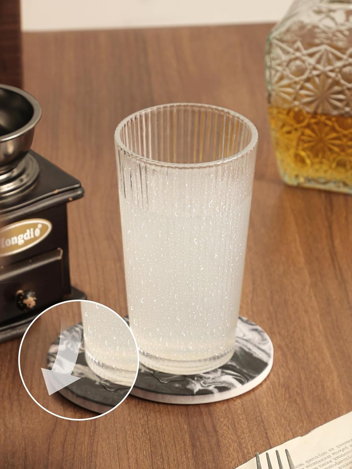 Coasters Set of 6, Coasters for Drinks Absorbent Stone with Holder, Black Marble Style Ceramic Drink Coaster for Tabletop Protection, Coffee Table Decor Ideal for Home Decor House Warming Gifts
