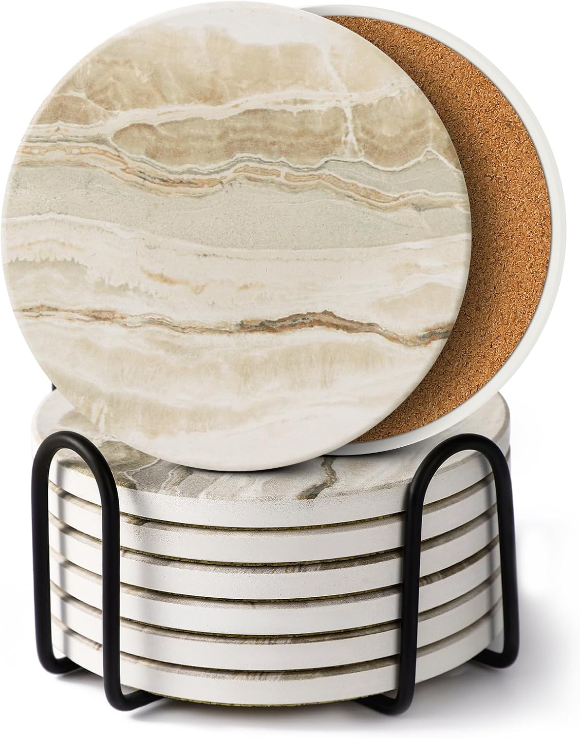 Coasters Set of 6, Coasters for Drinks Absorbent Stone with Holder, Black Marble Style Ceramic Drink Coaster for Tabletop Protection, Coffee Table Decor Ideal for Home Decor House Warming Gifts