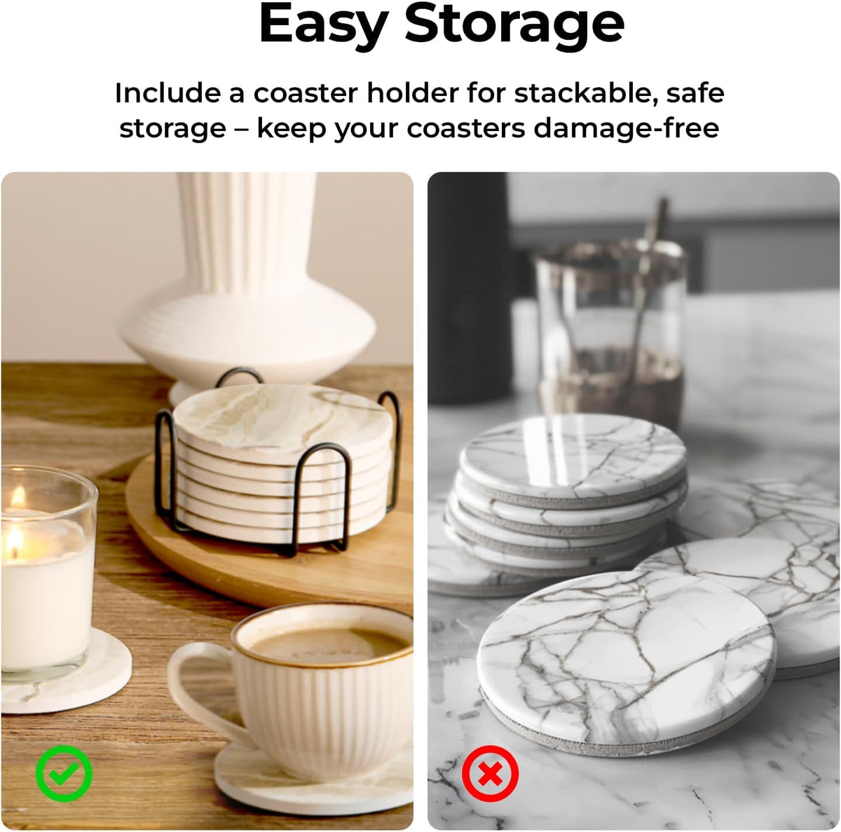 Coasters Set of 6, Coasters for Drinks Absorbent Stone with Holder, Black Marble Style Ceramic Drink Coaster for Tabletop Protection, Coffee Table Decor Ideal for Home Decor House Warming Gifts