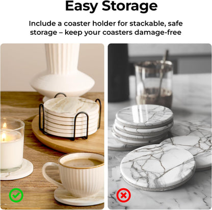 Coasters Set of 6, Coasters for Drinks Absorbent Stone with Holder, Black Marble Style Ceramic Drink Coaster for Tabletop Protection, Coffee Table Decor Ideal for Home Decor House Warming Gifts