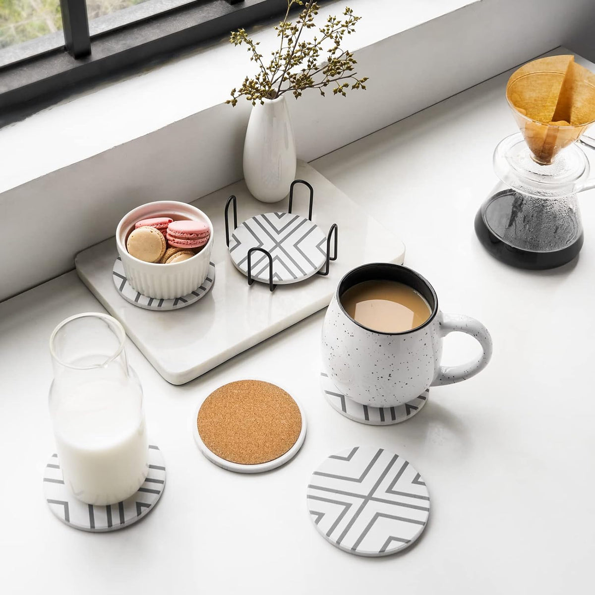 Coasters Set of 6, Coasters for Drinks Absorbent Stone with Holder, Black Marble Style Ceramic Drink Coaster for Tabletop Protection, Coffee Table Decor Ideal for Home Decor House Warming Gifts