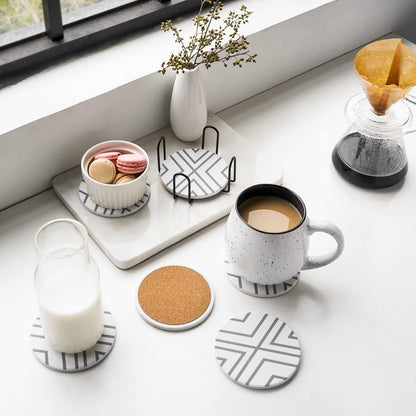 Coasters Set of 6, Coasters for Drinks Absorbent Stone with Holder, Black Marble Style Ceramic Drink Coaster for Tabletop Protection, Coffee Table Decor Ideal for Home Decor House Warming Gifts
