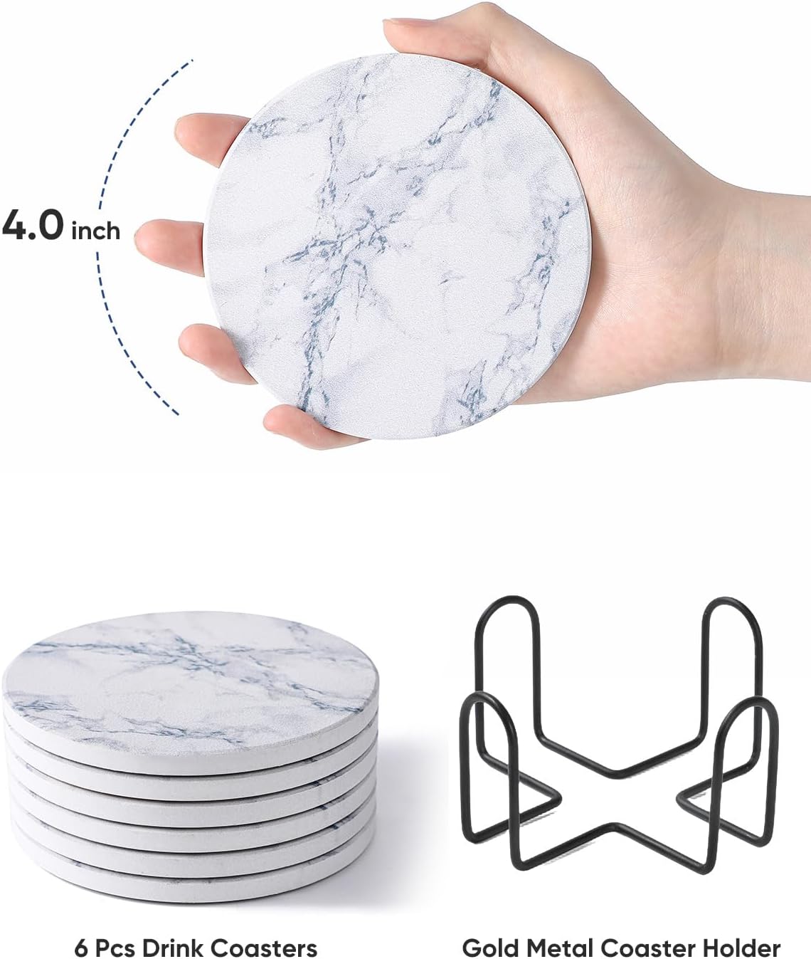 Coasters Set of 6, Coasters for Drinks Absorbent Stone with Holder, Black Marble Style Ceramic Drink Coaster for Tabletop Protection, Coffee Table Decor Ideal for Home Decor House Warming Gifts