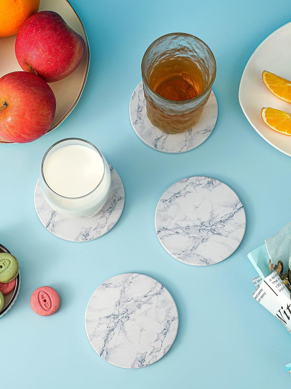 Coasters Set of 6, Coasters for Drinks Absorbent Stone with Holder, Black Marble Style Ceramic Drink Coaster for Tabletop Protection, Coffee Table Decor Ideal for Home Decor House Warming Gifts