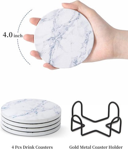 Coasters Set of 6, Coasters for Drinks Absorbent Stone with Holder, Black Marble Style Ceramic Drink Coaster for Tabletop Protection, Coffee Table Decor Ideal for Home Decor House Warming Gifts