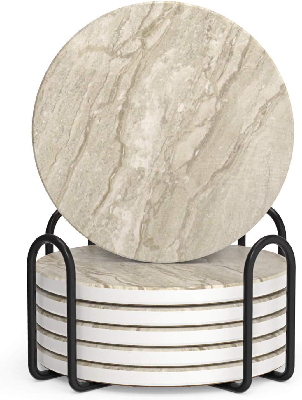 Coasters Set of 6, Coasters for Drinks Absorbent Stone with Holder, Black Marble Style Ceramic Drink Coaster for Tabletop Protection, Coffee Table Decor Ideal for Home Decor House Warming Gifts