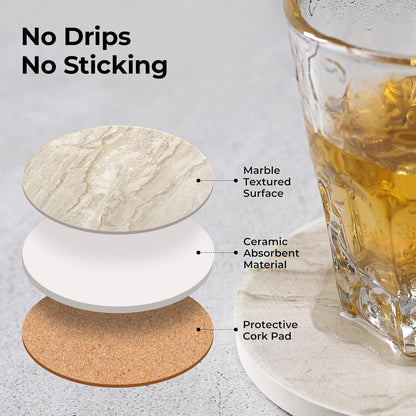 Coasters Set of 6, Coasters for Drinks Absorbent Stone with Holder, Black Marble Style Ceramic Drink Coaster for Tabletop Protection, Coffee Table Decor Ideal for Home Decor House Warming Gifts