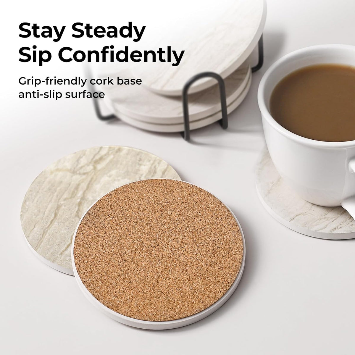 Coasters Set of 6, Coasters for Drinks Absorbent Stone with Holder, Black Marble Style Ceramic Drink Coaster for Tabletop Protection, Coffee Table Decor Ideal for Home Decor House Warming Gifts