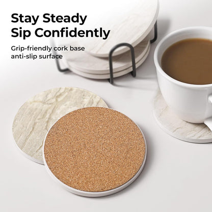 Coasters Set of 6, Coasters for Drinks Absorbent Stone with Holder, Black Marble Style Ceramic Drink Coaster for Tabletop Protection, Coffee Table Decor Ideal for Home Decor House Warming Gifts