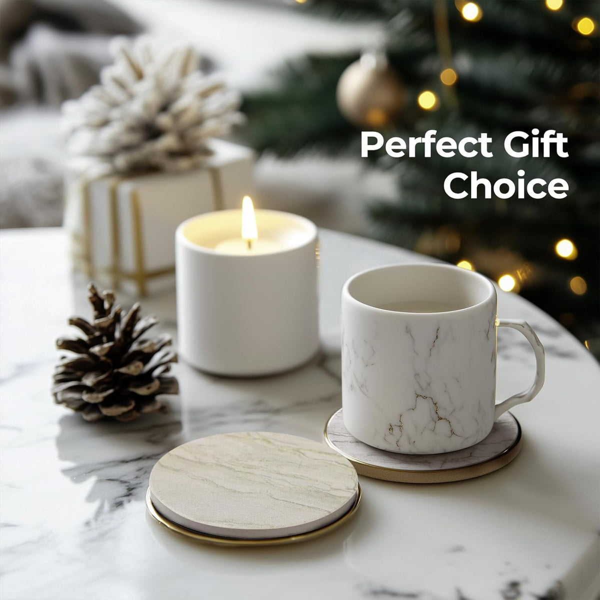 Coasters Set of 6, Coasters for Drinks Absorbent Stone with Holder, Black Marble Style Ceramic Drink Coaster for Tabletop Protection, Coffee Table Decor Ideal for Home Decor House Warming Gifts