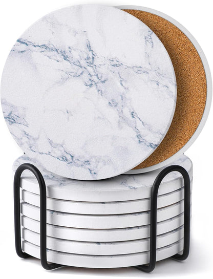 Coasters Set of 6, Coasters for Drinks Absorbent Stone with Holder, Black Marble Style Ceramic Drink Coaster for Tabletop Protection, Coffee Table Decor Ideal for Home Decor House Warming Gifts