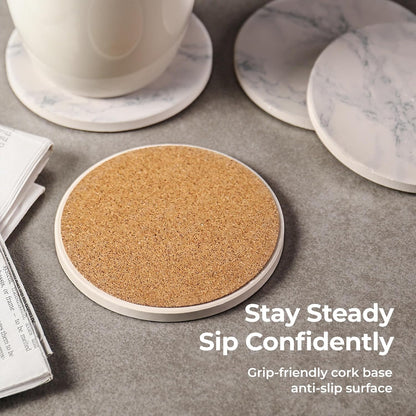 Coasters Set of 6, Coasters for Drinks Absorbent Stone with Holder, Black Marble Style Ceramic Drink Coaster for Tabletop Protection, Coffee Table Decor Ideal for Home Decor House Warming Gifts