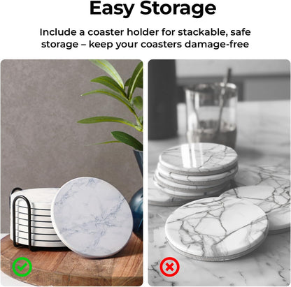 Coasters Set of 6, Coasters for Drinks Absorbent Stone with Holder, Black Marble Style Ceramic Drink Coaster for Tabletop Protection, Coffee Table Decor Ideal for Home Decor House Warming Gifts