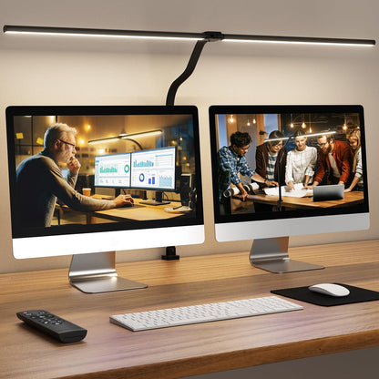 LED Desk Lamp for Home Office, 24W Computer Desk Light with Remote Control, Bright Table Lamp with Clamp Dimmable Tall Desktop Lighting with Bendable Gooseneck, Double Head, Black