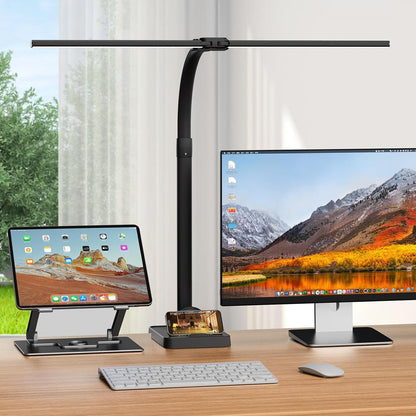 LED Desk Lamp for Home Office, 24W Computer Desk Light with Remote Control, Bright Table Lamp with Clamp Dimmable Tall Desktop Lighting with Bendable Gooseneck, Double Head, Black