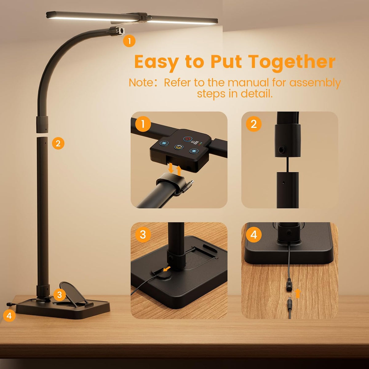 LED Desk Lamp for Home Office, 24W Computer Desk Light with Remote Control, Bright Table Lamp with Clamp Dimmable Tall Desktop Lighting with Bendable Gooseneck, Double Head, Black