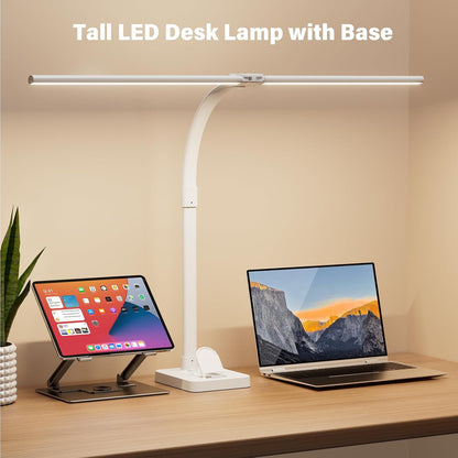 LED Desk Lamp for Home Office, 24W Computer Desk Light with Remote Control, Bright Table Lamp with Clamp Dimmable Tall Desktop Lighting with Bendable Gooseneck, Double Head, Black