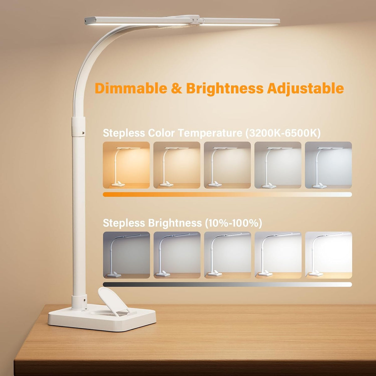 LED Desk Lamp for Home Office, 24W Computer Desk Light with Remote Control, Bright Table Lamp with Clamp Dimmable Tall Desktop Lighting with Bendable Gooseneck, Double Head, Black