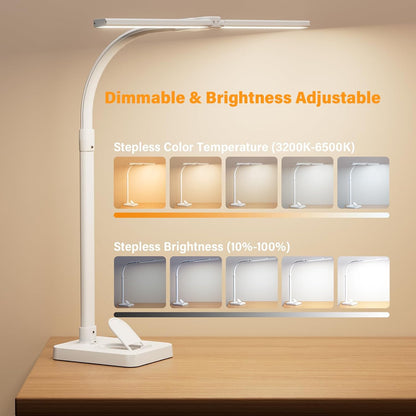 LED Desk Lamp for Home Office, 24W Computer Desk Light with Remote Control, Bright Table Lamp with Clamp Dimmable Tall Desktop Lighting with Bendable Gooseneck, Double Head, Black
