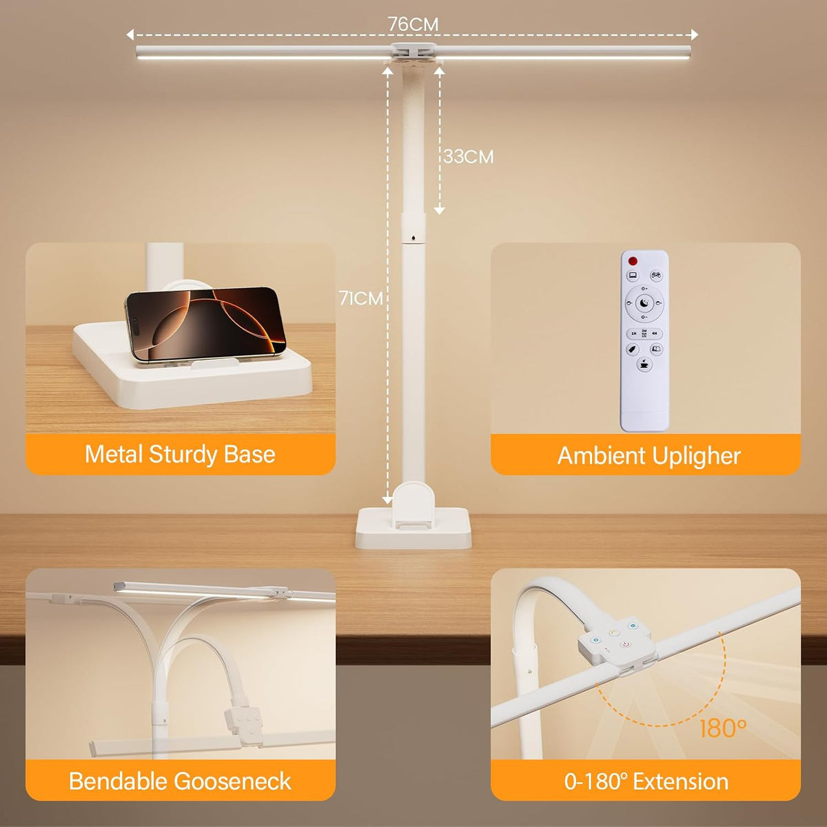 LED Desk Lamp for Home Office, 24W Computer Desk Light with Remote Control, Bright Table Lamp with Clamp Dimmable Tall Desktop Lighting with Bendable Gooseneck, Double Head, Black