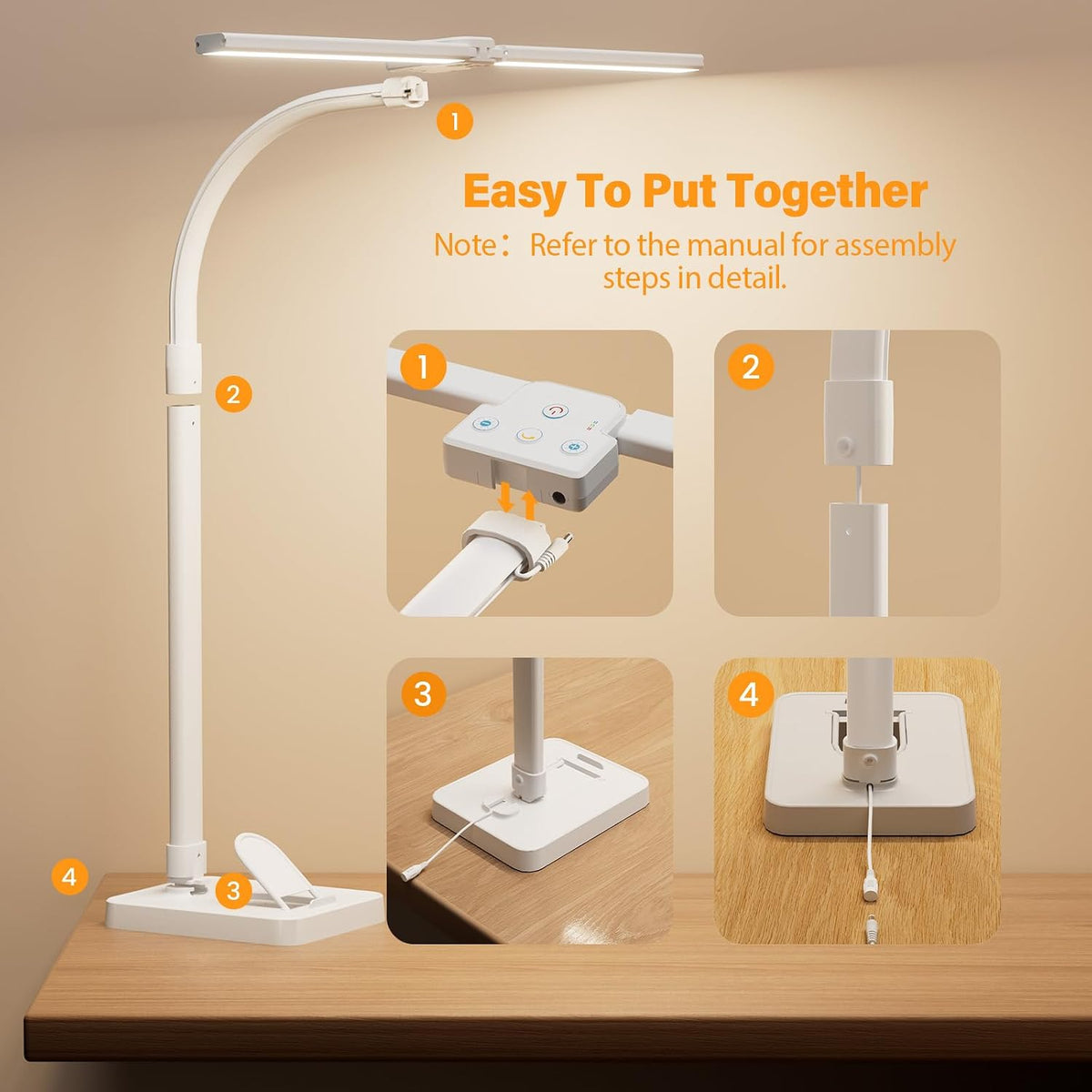 LED Desk Lamp for Home Office, 24W Computer Desk Light with Remote Control, Bright Table Lamp with Clamp Dimmable Tall Desktop Lighting with Bendable Gooseneck, Double Head, Black