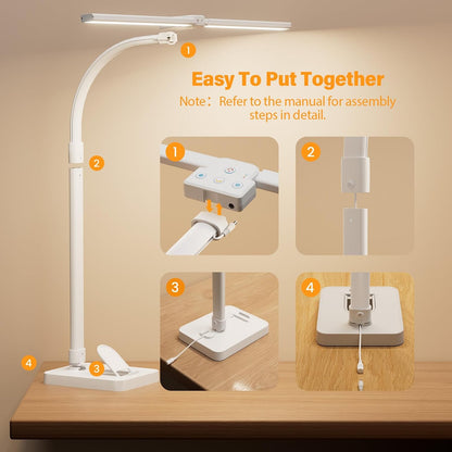 LED Desk Lamp for Home Office, 24W Computer Desk Light with Remote Control, Bright Table Lamp with Clamp Dimmable Tall Desktop Lighting with Bendable Gooseneck, Double Head, Black