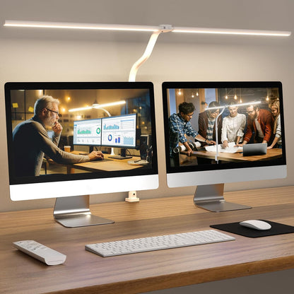 LED Desk Lamp for Home Office, 24W Computer Desk Light with Remote Control, Bright Table Lamp with Clamp Dimmable Tall Desktop Lighting with Bendable Gooseneck, Double Head, Black
